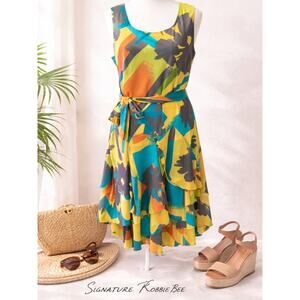 Signature by Robbie Bee Colorful Abstract Floral Dress Tie Waist Flowy 20W